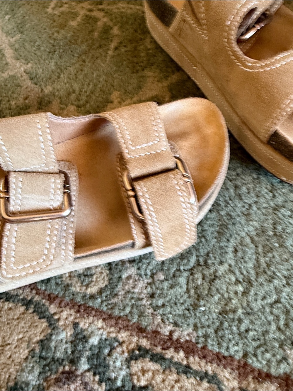 Neutral Tan Suede Double-Buckle Sandals